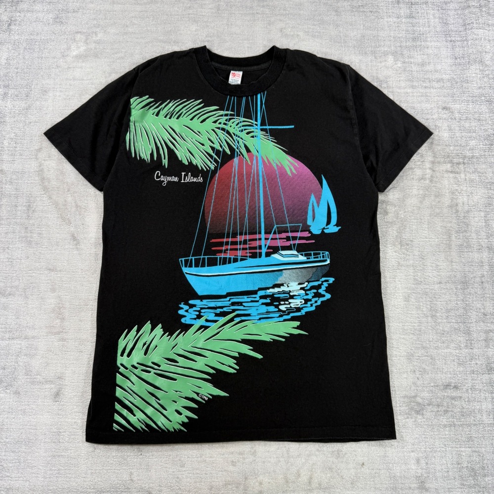 Cayman Islands Shirt Mens XL Black Sailboat Vintage 90s Vacation Single Stitch